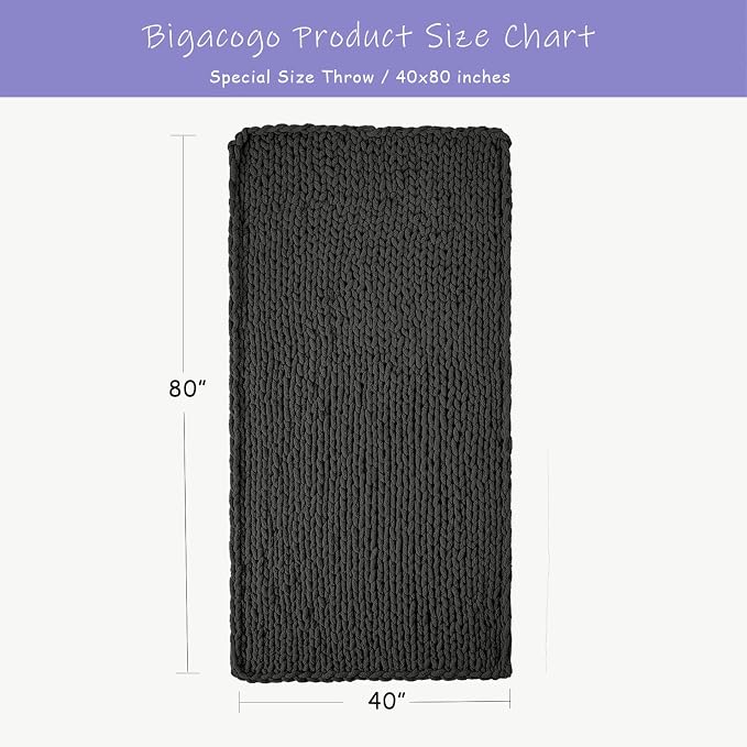 Bigacogo Chunky Knit Throw Blanket for Couch, 40x80 inches, Dark Grey | Hand Knit with Jumbo Chenille, Soft Breathable Cable Knit for Sofa Bed Living Room, Machine Washable, Gift for Mom Friend
