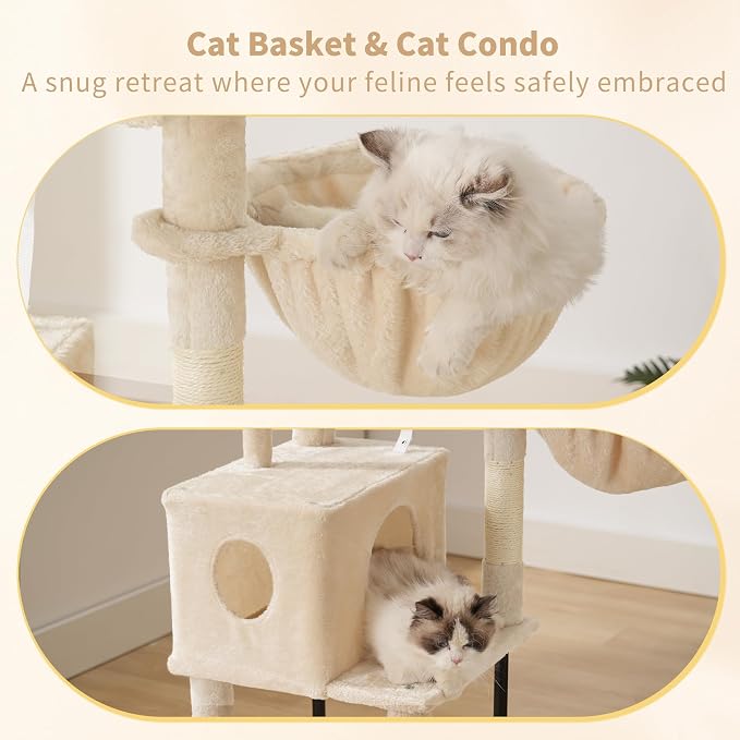 Heybly Cat Tree with Toy, 49.2 inch Cat Tower for Indoor Cats HCT200SM | Spacious Cat House Condo with Hidden Space，Soft Plush Top Perch，Cozy Hammock and Sisal Scratching Posts, Beige