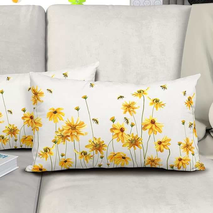 Spring Summer Throw Pillow Covers 12X20 in Set of 2 Yellow Flowers Coreopsis Bee Decorative Lumbar Pillow Cases Bees Floral Rectangle Pillow Cover Farmhouse Decor for Outdoor Room Couch Patio Porch