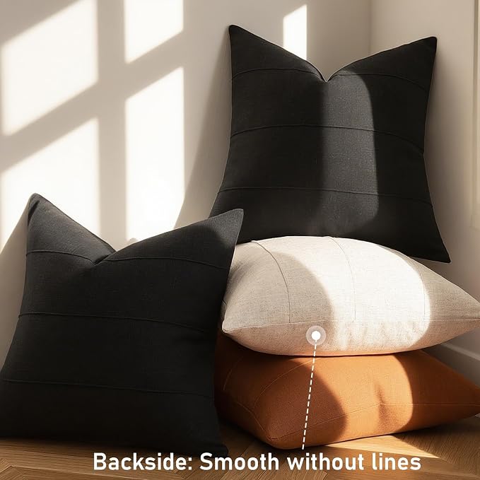 Decorative Linen Throw Pillow Covers 22x22 Set of 2 Solid Handcrafted Striped Cushion Covers for Bed Soft Modern Farmhouse Neutral Pillowcase for Couch Bedroom Living Room Home Decor(Black)