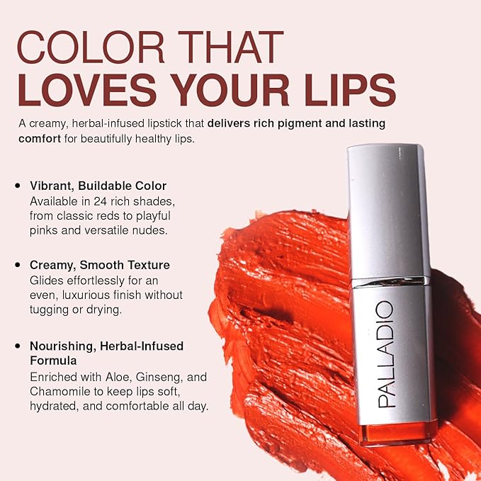 Palladio Herbal Lipstick, Rich Pigmented and Creamy Lip Color, Infused with Safflower, Ginseng, Ginkgo Biloba, Camellia and Aloe, Prevents Lips from Drying, Combats Fine Lines, Long Lasting, Cameo
