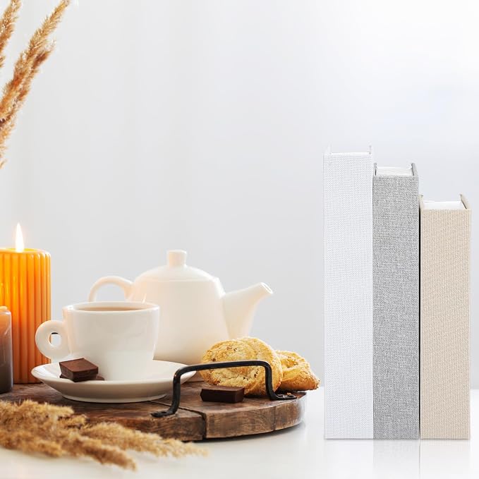Tioncy 3 Pcs Decor Linen Faux Book Box Set Aesthetic DIY Fake Linen Book Box for Decor Storage Cafe Table Bookshelf Gift Home Keepsake(Multi Sizes,Rice White, Light Grey and White)