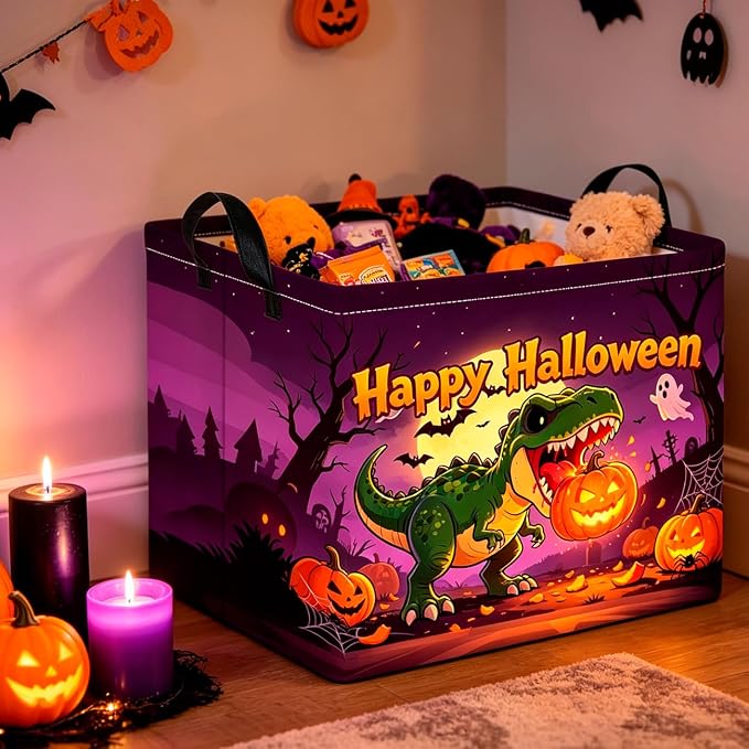 CLOCOR Rectangular Storage Basket Empty,Gift Basket,Waterproof Storage Bin with Handles,Room Decor(Dinosaur Pumpkin Halloween)