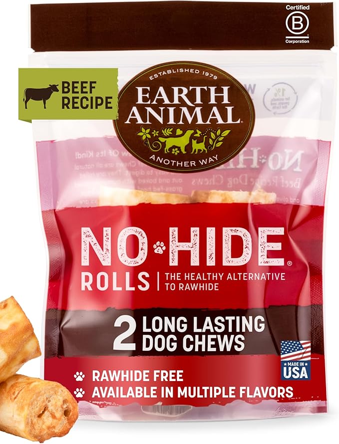 Earth Animal No Hide Dog Chews - Rawhide Free Small Rolls 2 Count Beef | Small Rolls Beef Flavored Natural Rawhide Free Long Lasting Dog Chews - Pet Treats for Small Dogs