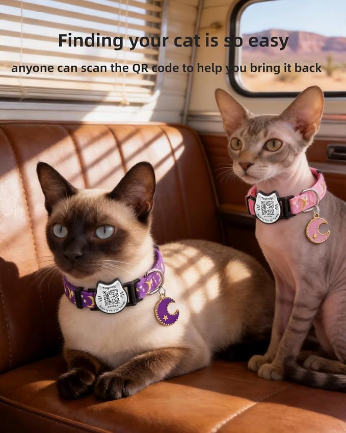 Star & Moon Breakaway Cat Collar with QR Code Tag (Pink & Purple) | Reflective Nylon, Quick-Release Buckle，Smart