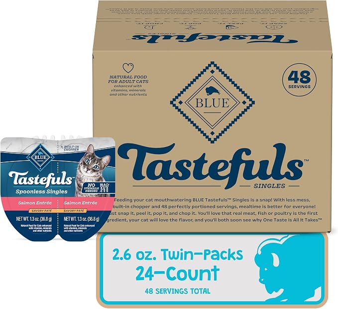 Blue Buffalo Tastefuls Salmon Spoonless Singles, 2.6 oz, 24 ct | Paté Style, Silky-Smooth Texture, Twin-Pack Trays