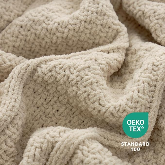 Premium Chenille Throw Blanket, Soft Cozy Moss Stitch Knit Blanket for Couch, Sofa, Chair, Home Decor, Beige 50"x60"