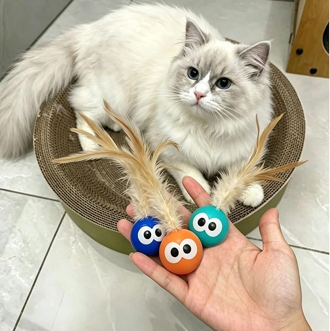 Bouncy Cat Toys with Feathers 3-Pack, Interactive Rubber Ball with Goofy Eyes and Natural Tail for Indoor Cats & Kittens, High Elastic Bouncing Toy for Chase Hunt Play