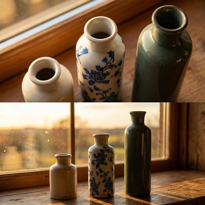 3Pcs Vintage Blue White Floral Ceramic Vase Set, Chinoiserie Farmhouse Decor Vases for Home Table Kitchen Living Room