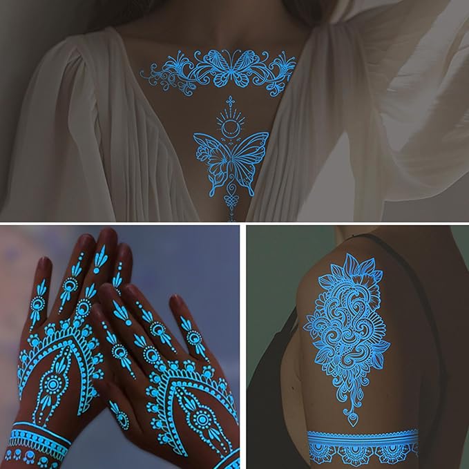 Blue Luminous Henna Tattoo Stickers Glow-in Dark Henna Temporary Decal for Women Flower Sexy Lace Fake Sticker for Halloween Wedding Night Glitter Party Supply