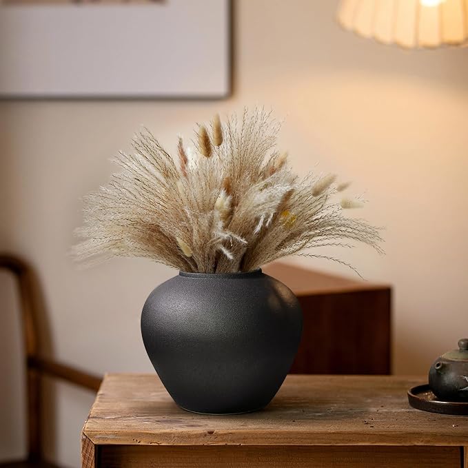 GeLive Black Ceramic Vase 7 Inch Round Farmhouse Rustic Flower Vase for Fresh/Dried Plants Table Centerpiece Minimalist Home Decor Handmade Pottery Planter Pot