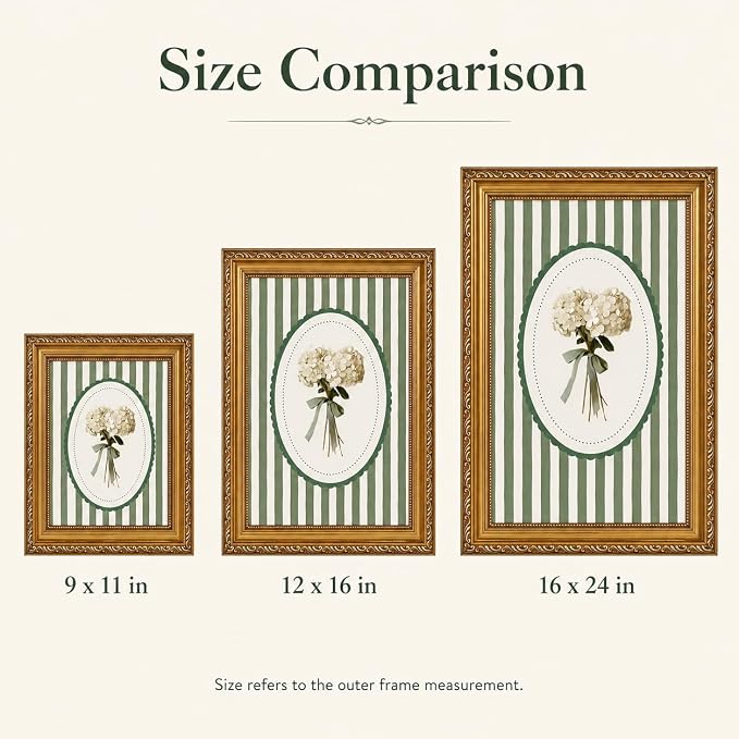 Vintage Botanical Wall Art, Green Stripe Floral Print, Gold Framed Canvas | Vintage botanical wall art with green stripe background and gold frame, suitable for living room, dining room, and entryway.