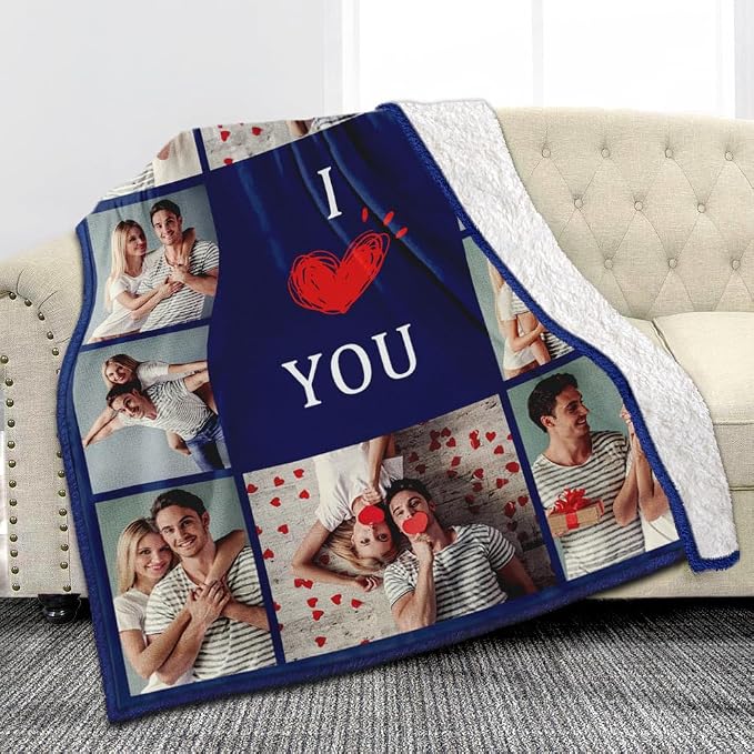 Ships Next Day, Custom Sherpa Fleece Blanket with Photos Text Soft Warm Custom Blanket Personalized Couples Gifts for Boyfriend Girlfriend Customized Picture Blanket Gifts for Christmas Valentines Day