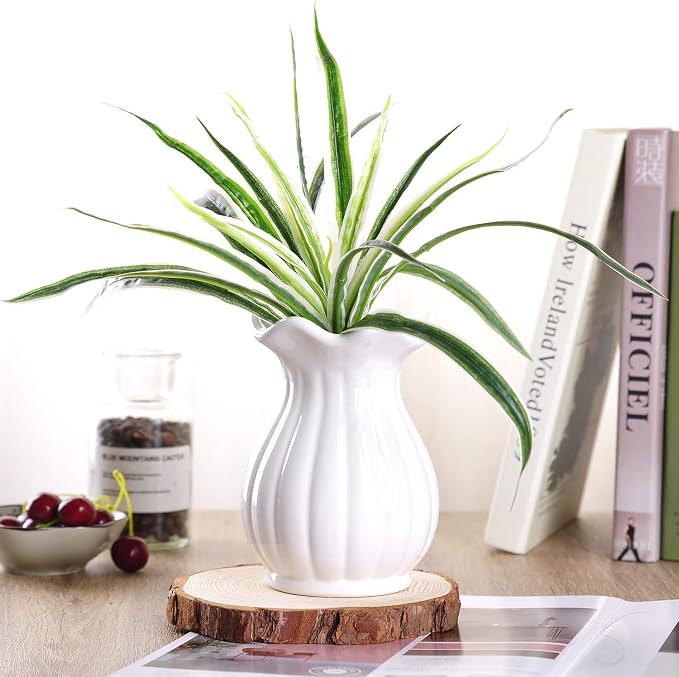 VanEnjoy 6 inch Modern Ribbed Design Small White Ceramic Decorative Tabletop Centerpiece Vase Flower Pot -White Lotus Flower