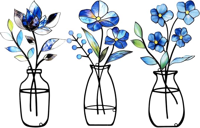 3 Pcs Metal Vase Wall Arts,Iron Art Painting,Rustic Farmhouse Decor Minimalist Flower Wall Decor for Bedroom Bathroom Living Room Dining Room(Blue, Vase-D)