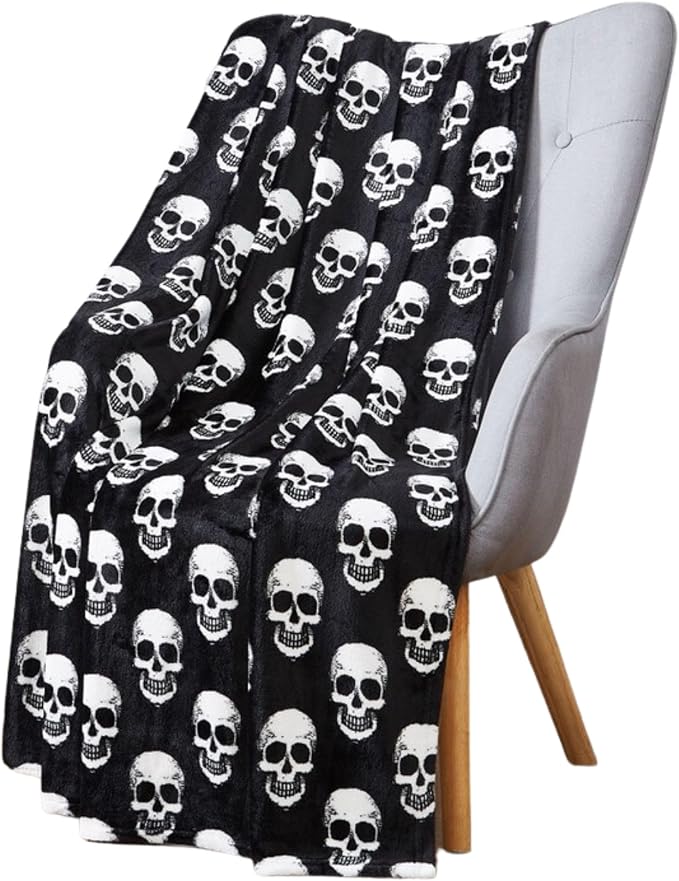 Halloween Fleece Throw Blanket, White Skulls on Black background,50x70 in | Ultra-soft cozy flannel fleece,for sofa bed couch chair & dorms, spooky Halloween décor,durable and machine washable.