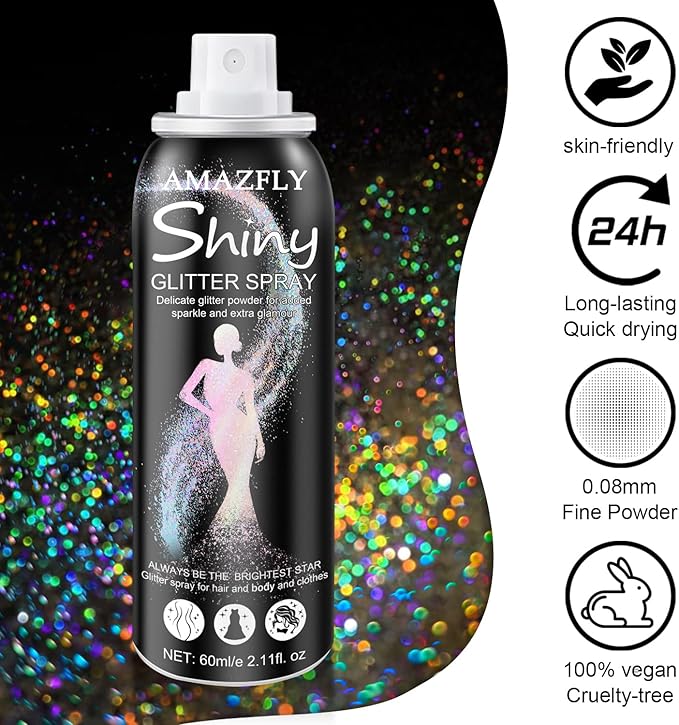 Hair and Body Glitter Spray, Aerosol Glitter Spray for Hair and Body, Long-Lasting and Quick-Drying Silver Glitter Hairspray Suitable for Stage, Festival Rave and Makeup Prom (Rainy-Rainbow)