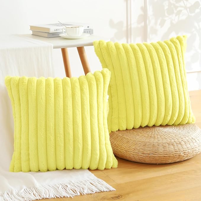 Soleebee Set of 2 Throw Pillow Covers Soft Cozy Velvet Pillowcase Faux Rabbit Fur Cover for Couch Sofa Bed Chair Home Decorative Pillows Cover (24x24 Inch, Lemon Yellow)