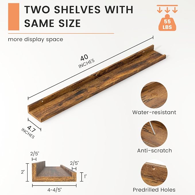Picture Ledge Shelf, Floating Shelves for Wall, 40" W Set of 2, Brown | FSC Certified Engineered Wood, Wall Mounted Bookshelf, for Nursery Living Room Bedroom, Pre-Drilled, Easy Install