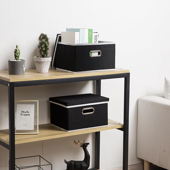 Storage Boxes with Lids [3-Pack] Fabric Collapsible Storage Bins Organizer Containers Baskets Cube with Cover for Home Bedroom Closet Office Nursery Black（11.4X8.6X6.7