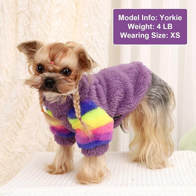 Dog Sweaters for Small Dogs, Chihuahua Fleece Clothes, XS Clothes Winter Warm Puppy Boys Girls, Rainbow Sleeve Sweater,Tiny Outfits Teacup Yorkie (Purple, X-Small)