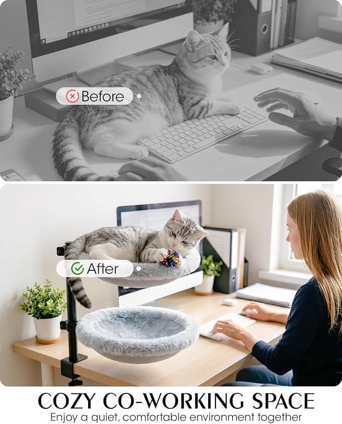 Double Cat Desk Bed, Lockable 360° Swivel, Steel Frame, 15.7-Inch | for Large Cats, Adjustable Clamp 0.5-3", Dual-Sided Cushion, 11-14" Height, No-Drill Mount, Machine Washable, Anti-Slip Base