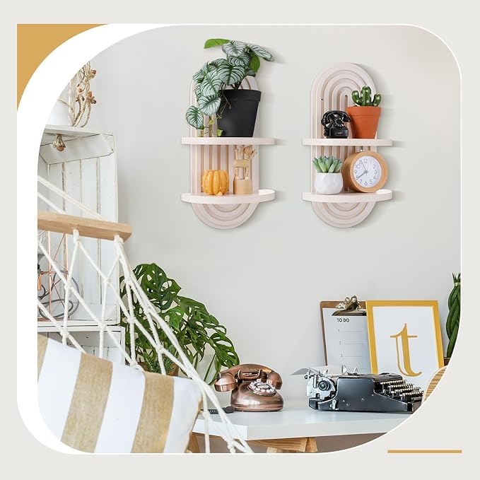2 Pcs Boho Wall Shelf Rainbow Arch Wooden Floating Shelf Mid Century Bohemian Hanging Holder Double Vintage Wall Mount Altar Decor for Nursery Bedroom 15.75 x 6.69 Inches(White)