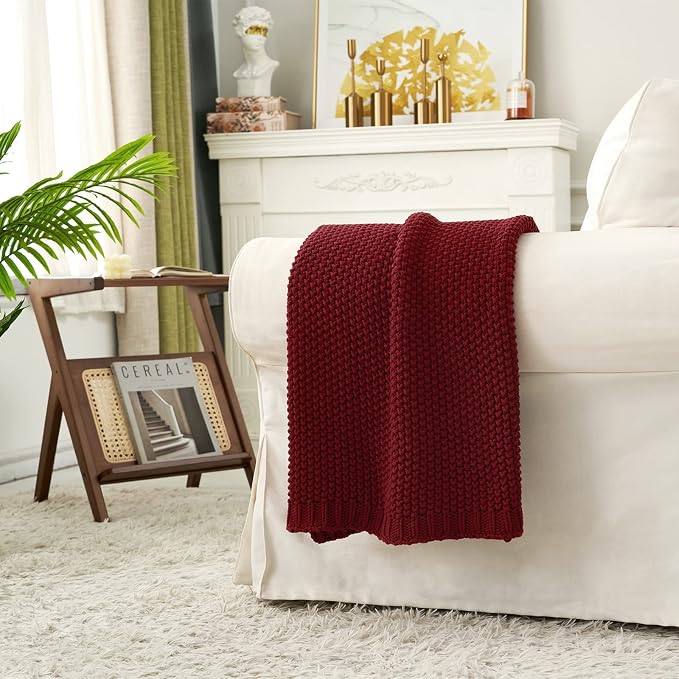 Chunky Cable Knit Throw Blanket Lightweight Burgundy 100% Organic Cotton Blanket for Sofa Couch Bed Baby Nursery, Rustic Shabby Chic Modern Farmhouse, 51” x 63” Give Laundering Bag