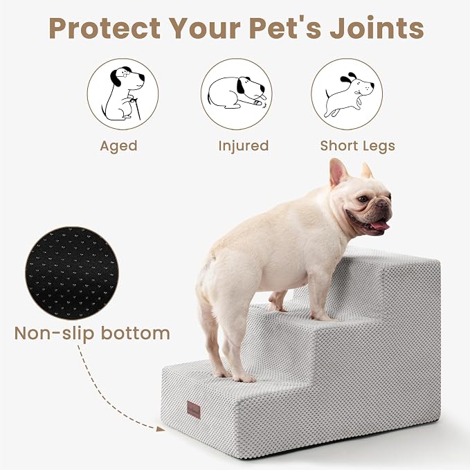Aodisman Dog Stairs for Small Dogs,Wider 3-Step Pet Steps for Couch & Bed | High-Density Foam Dog Steps,Anti-Slip Bottom,Easy for Puppies,Older Cats & Dogs to Reach Sofas & Chairs,Light Grey,15.7" H