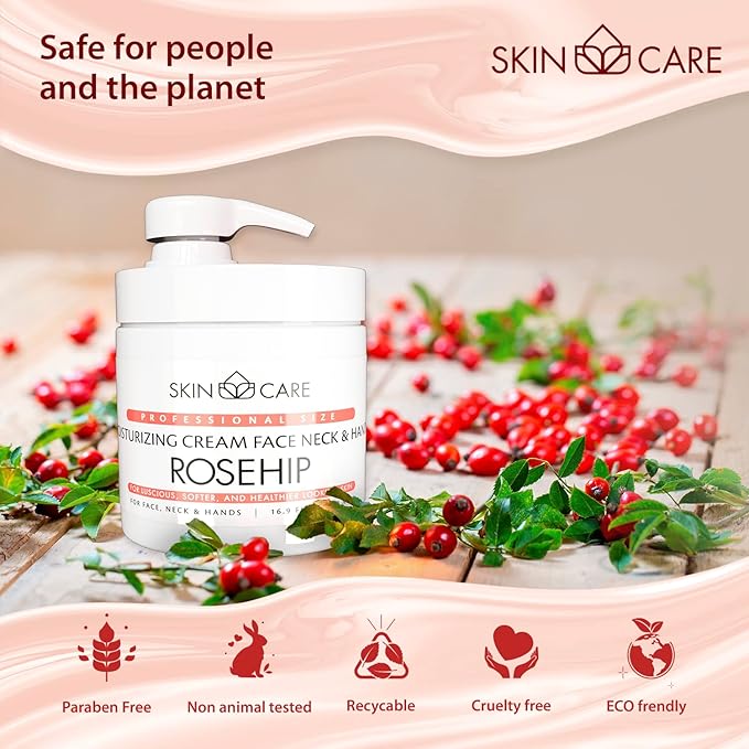 Skin Care Rosehip Oil 3-in-1 Moisturizer Face Cream, Neck and Hands - Treatment for Crepey Texture, Wrinkles and Sagging - Daily Lotion for All Skin Types - 16.9 fl. oz.