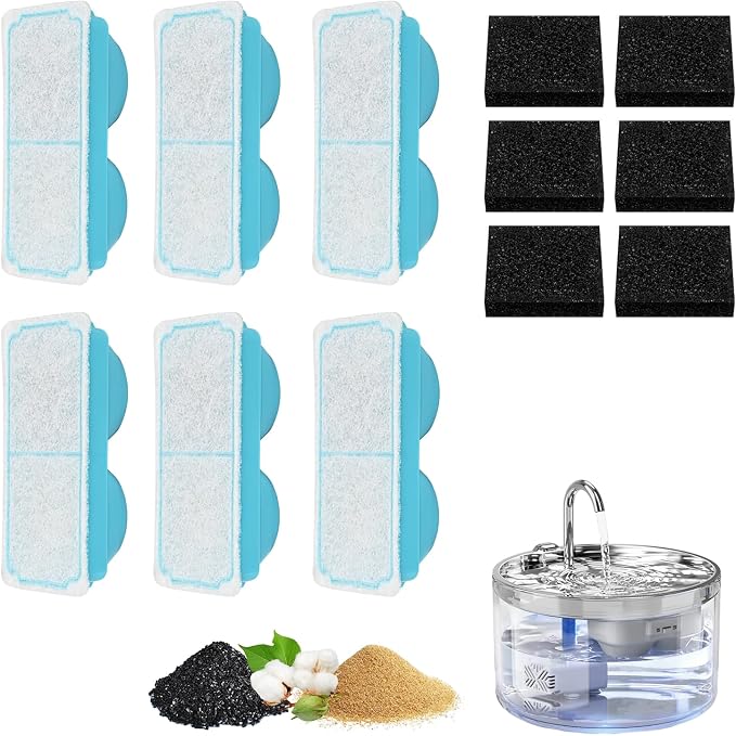 WEPIOU 12 Pack Cat Water Fountain Filters for 95oz/2.8L Glass pet Fountain | 6 Filters&6 Sponges,Multi-Stage Replacement Filters, Package Amount for 2-3 Months