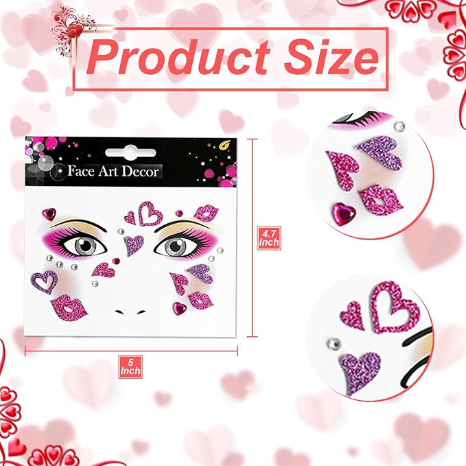 Heart Face Tattoos Stickers Glitter Face Gems Valentine's Day Temporary Tattoo Lip Kiss Face Stickers for Women 4Pcs