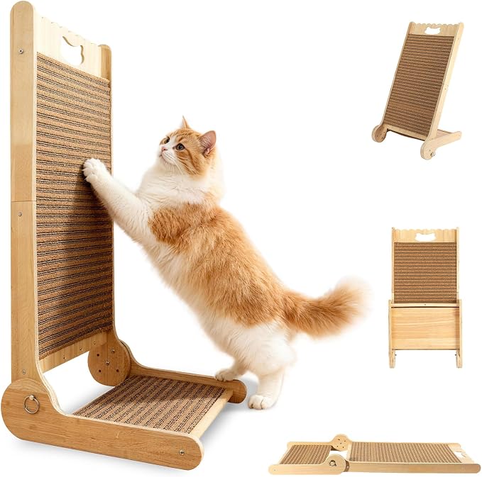 4-in-1 Adjustable Cat Scratch Pad, Nature Cork Scratching mat, 32 inch Foldable Wooden Post. Easy Install, Durable Design for Indoor Cats