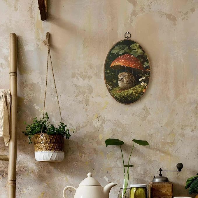 LKETW Vintage Whimsical Hedgehog Oval Wall Art Decor, Dark Cottagecore Oval Canvas Hanging Decor, Moody Botanical Hedgehog Mushroom Wall Decorations for Home Bedroom Living Room, 8.6x11.4 Inch