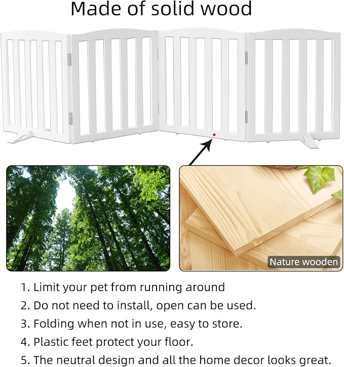 ZJSF Foldable Freestanding Indoor Dog Gate for House Wood White Long Pet Gates Dog Fence for Stairs Puppy Gates for Hallways,Pet Fence, Puppy Gate,Support Feet Included 24 "Height-4 Panels