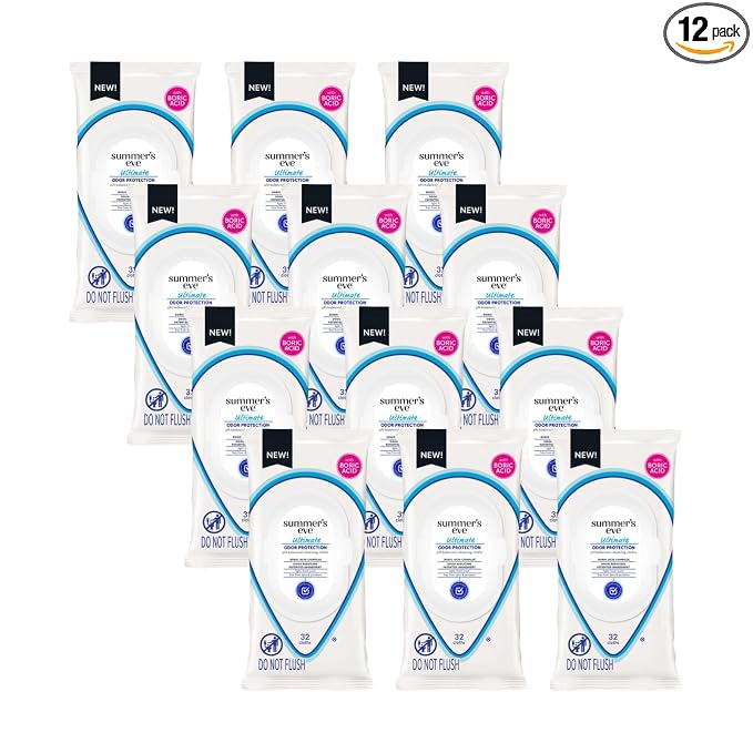 Summer’s Eve Ultimate Odor Protection Feminine Cleansing Wipes, Daily Intimate Cloths, with Boric Acid Complex, pH Balanced, Removes Odor, 32 Count (Pack of 12)