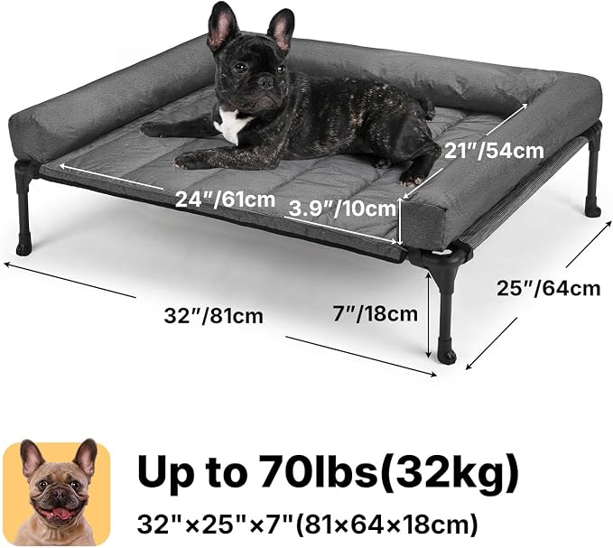 Veehoo Outdoor Elevated Dog Bed with Waterproof Bolster Cushion, Cooling | Raised Dog Bed with Removable & Washable Mat Topper, Breathable Mesh, Dog Couch Cot for Indoor Outdoor, 32", Medium, Melange