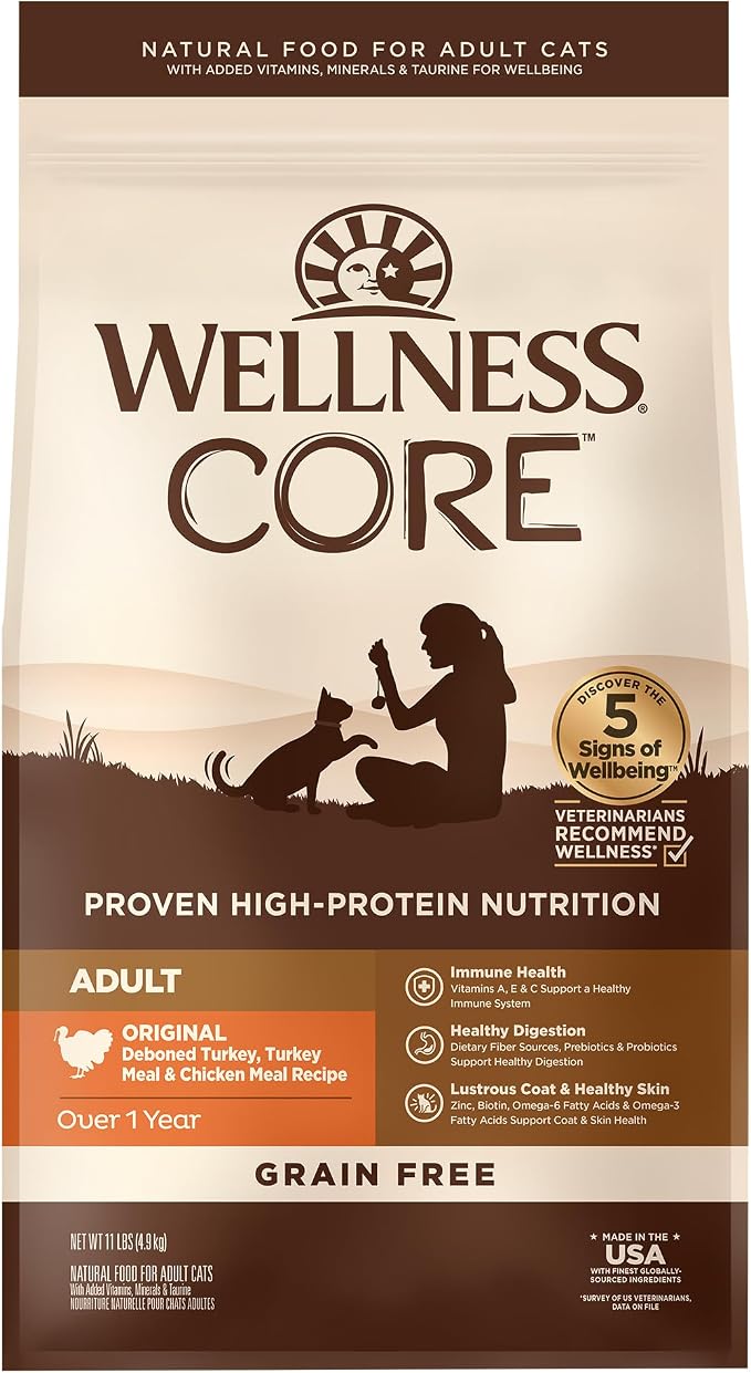 Wellness CORE Adult Dry Cat Food, Natural, Grain Free Kibble, Turkey, Turkey Meal and Chicken Recipe, 11 lb Bag