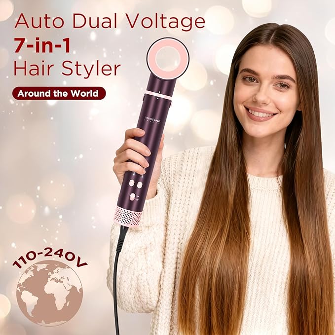 MaxAIR 2.0 7-in-1 Hot Air Styler, Dual Voltage Multi-Styler Set, High Speed Hair Dryer Brush with Air Hair Straightener, 1.1 Inch Auto-Wrap Curlers, 110,000RPM, Shiny Hair, Jasper Plum
