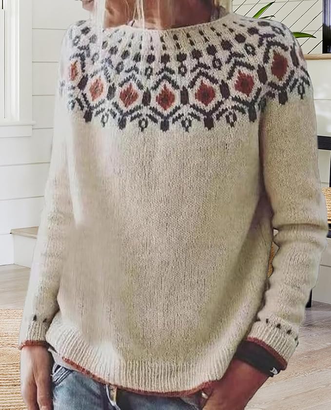 Zhyaj Fair Isle Sweater for Womens Winter Long Sleeve Vintage Knitted Sweater Casual Fall Crew Neck Pullover Sweaters