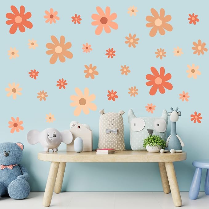 TaoBary 12 Sheet Daisy Wall Sticker Decal,Orange,Colorful Style | Big Flower Wall Sticker, Pink White Floral Decal, Daisy Bedroom Room Decor, Removable Peel and Stick, Nursery Home Wall Decor