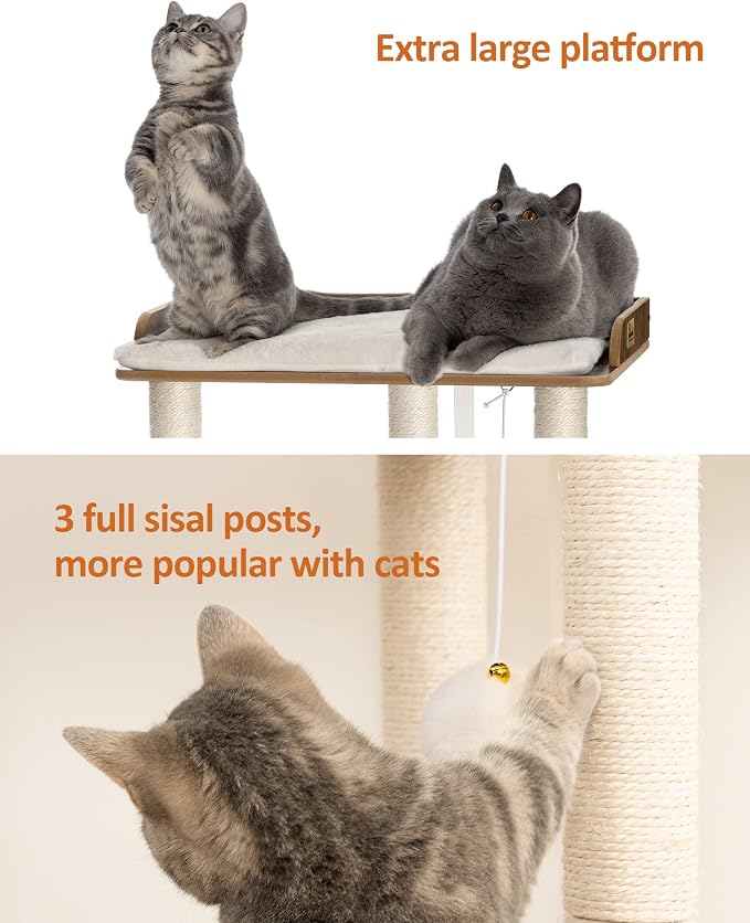 26.7in Large Cat Tree Tower Condo, Cat Scratch Posts for Indoor Cats, Big Plate, Three 23.6in Full Sisal Scratching Posts, Rustic Brown
