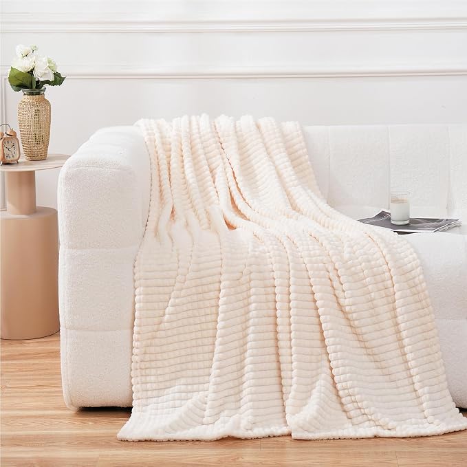 Puncuntex Fleece Throw Blanket Cream White 60"×80" with Square Grid Design | Super Soft Plush Cozy Flannel Throw Blanket Luxury for Couch Sofa Chair