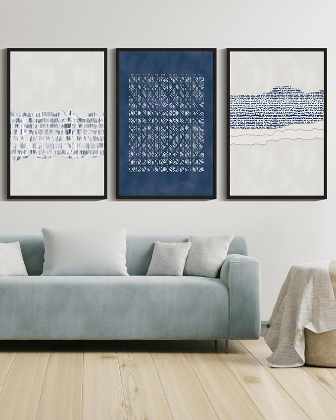 Drsoum Blue Abstract Boho Framed Wall Art Large 24x36in Minimalist Mid-Century Modern Wall Decor Geometric Artwork Kitchen Dining Room Black Framed