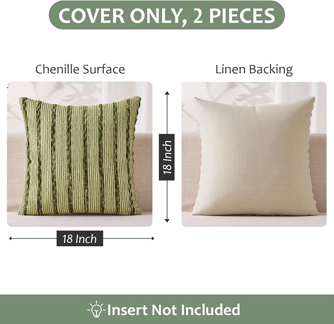 ANRODUO Boho Decorative Pillow Covers Olive Stripe 18x18 Inch Set of 2 | Woven Chenille Decorative Cushion Case with Striped Farmhouse Accent Neutral Pillowcase for Couch Sofa Bed Living, Room Decor