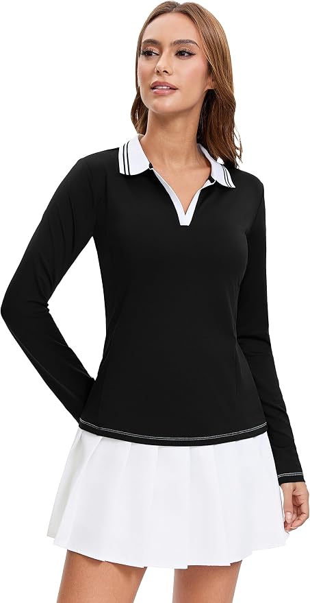 MathCat Womens Golf Shirts, Long Sleeve Polo Shirts Collared V Neck Tennis Shirts Breathable Athletic Tops