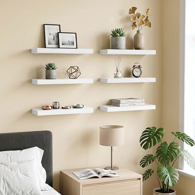 Fixwal Floating Wall Shelves for Decor (White Set of 6, 15.7 Inch) | MDF Shelves with Metal Brackets, Space Saving for Books, Decor, Works in Bathroom, Kitchen, Living Room, Bedroom