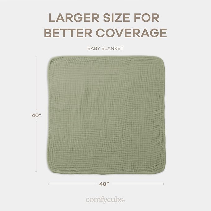 Comfy Cubs Muslin Baby Blanket 40" x 40" L - Swaddle Blankets Sage | Soft, Lightweight, 6-Layer Cotton Breathable Baby Blankets - Comfortable, Gentle & Versatile Cotton Baby Blankets for Sleep