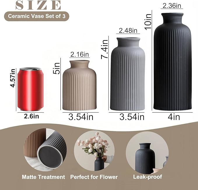 Large Modern Ceramic Vase Set, Black Ribbed Matte Finish, 3-Piece Decorative Vases for Home Living Room Office, 10 inch Tall, 4 inch Width (XL Black Mix)
