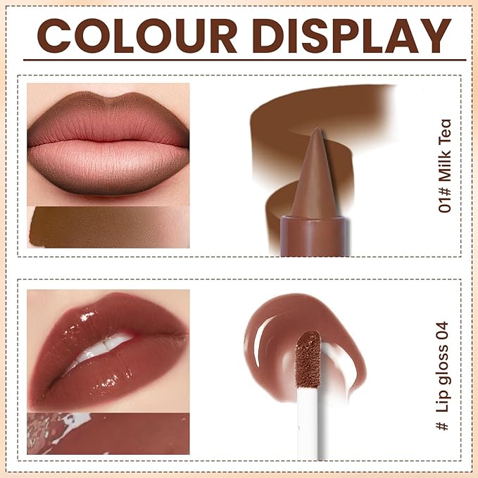 Lip Liner Gloss Set, Light Brown Plumping Lip Liner Lip Pencil Moisturizing Lightweight Lip Gloss Lip Combo, High Shine Glossy Lip Tint Lip Stain Makeup Long Lasting Lip Contour for Women